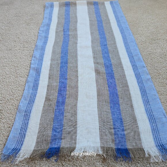 Puro Lino Linen Scarf Stripe Blue White & Taupe Italian Linen - Picture 8 of 8